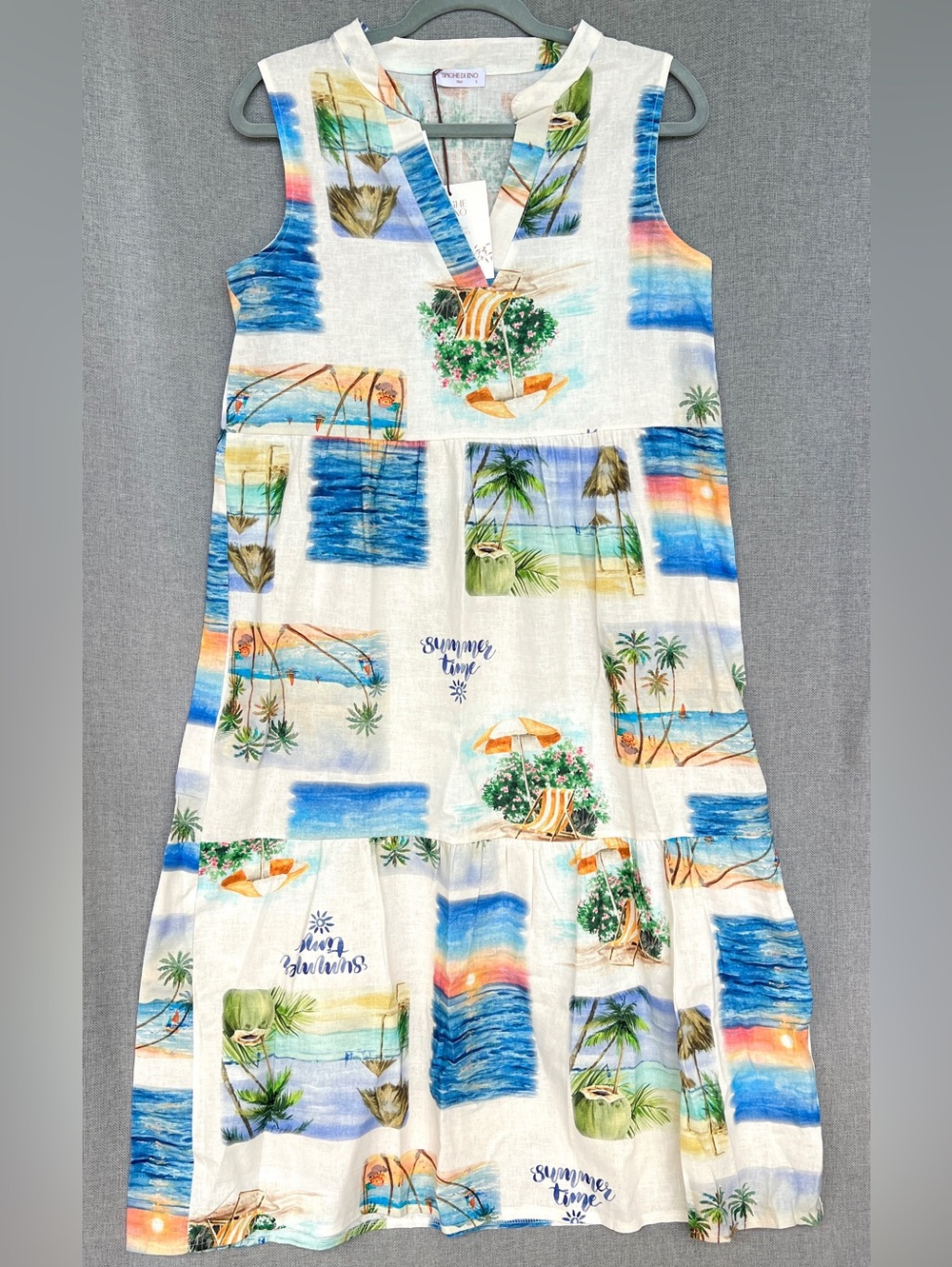 Spighe Di Lino Italy  sleeveless tiered midi dress beach motif creme blu size S
